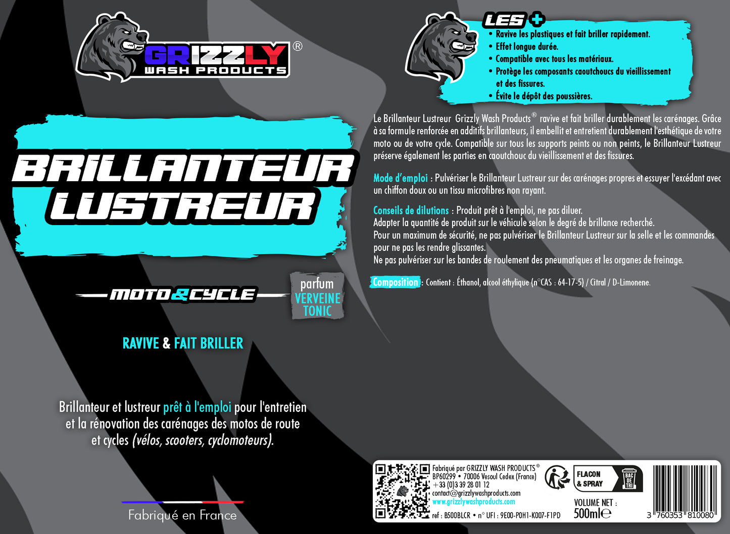 Le Brillanteur Lustreur Grizzly Wash Products® ravive et fait briller durablement les carénages. Grâce à sa formule renforcée en additifs brillanteurs, il embellit et entretient durablement l'esthétique de votre moto ou de votre cycle (vélos, scooters, cyclomoteurs). Compatible sur tous les supports peints ou non peints, le Brillanteur Lustreur préserve également les parties en caoutchouc du vieillissement et des fissures.