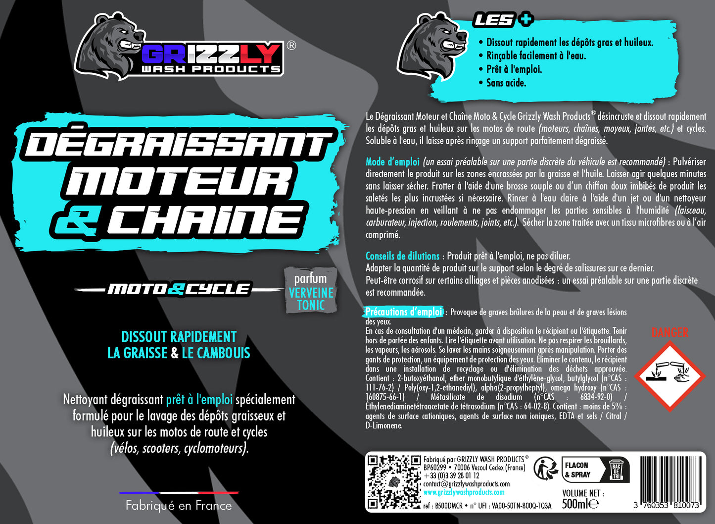 Le Dégraissant Moteur et Chaîne Moto & Cycle Grizzly Wash Products® désincruste et dissout rapidement les dépôts gras et huileux sur les motos de route (moteurs, chaînes, moyeux, jantes, etc.) et cycles. Soluble à l'eau, il laisse après rinçage un support parfaitement dégraissé.
