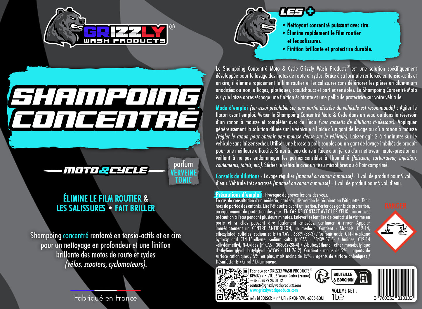 Le Shampoing Concentré Moto & Cycle Grizzly Wash Products® est une solution spécifiquement développée pour le lavage des motos de route et cycles. Grâce à sa formule renforcée en tensio-actifs et en cire, il élimine rapidement le film routier et les salissures sans détériorer les pièces en aluminium anodisées ou non, alliages, plastiques, caoutchoucs et parties sensibles. Le Shampoing Concentré Moto & Cycle laisse après séchage une finition éclatante et une pellicule protectrice sur votre véhicule.