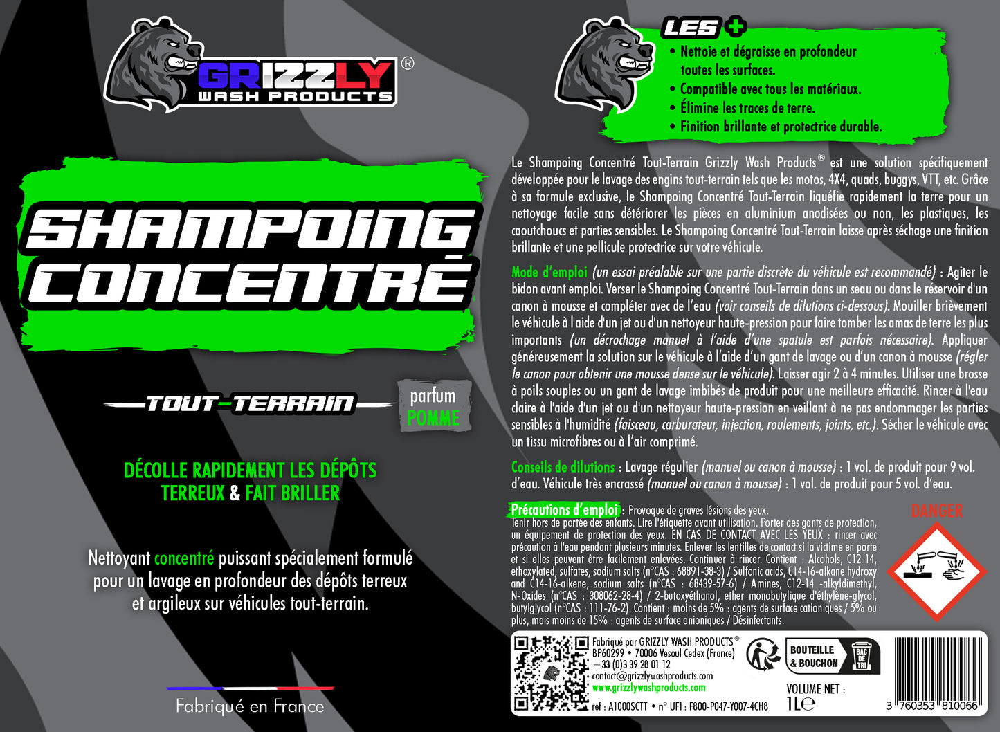 Le Shampoing Concentré Tout-Terrain Grizzly Wash Products® est une solution spécifiquement développée pour le lavage des engins tout-terrain tels que les motos, 4X4, quads, buggys, VTT, etc. Grâce à sa formule exclusive, il liquéfie rapidement la terre pour un nettoyage facile sans détériorer les pièces en aluminium anodisées ou non, les plastiques, les caoutchoucs et parties sensibles. Il laisse après séchage une finition brillante et une pellicule protectrice sur votre véhicule.