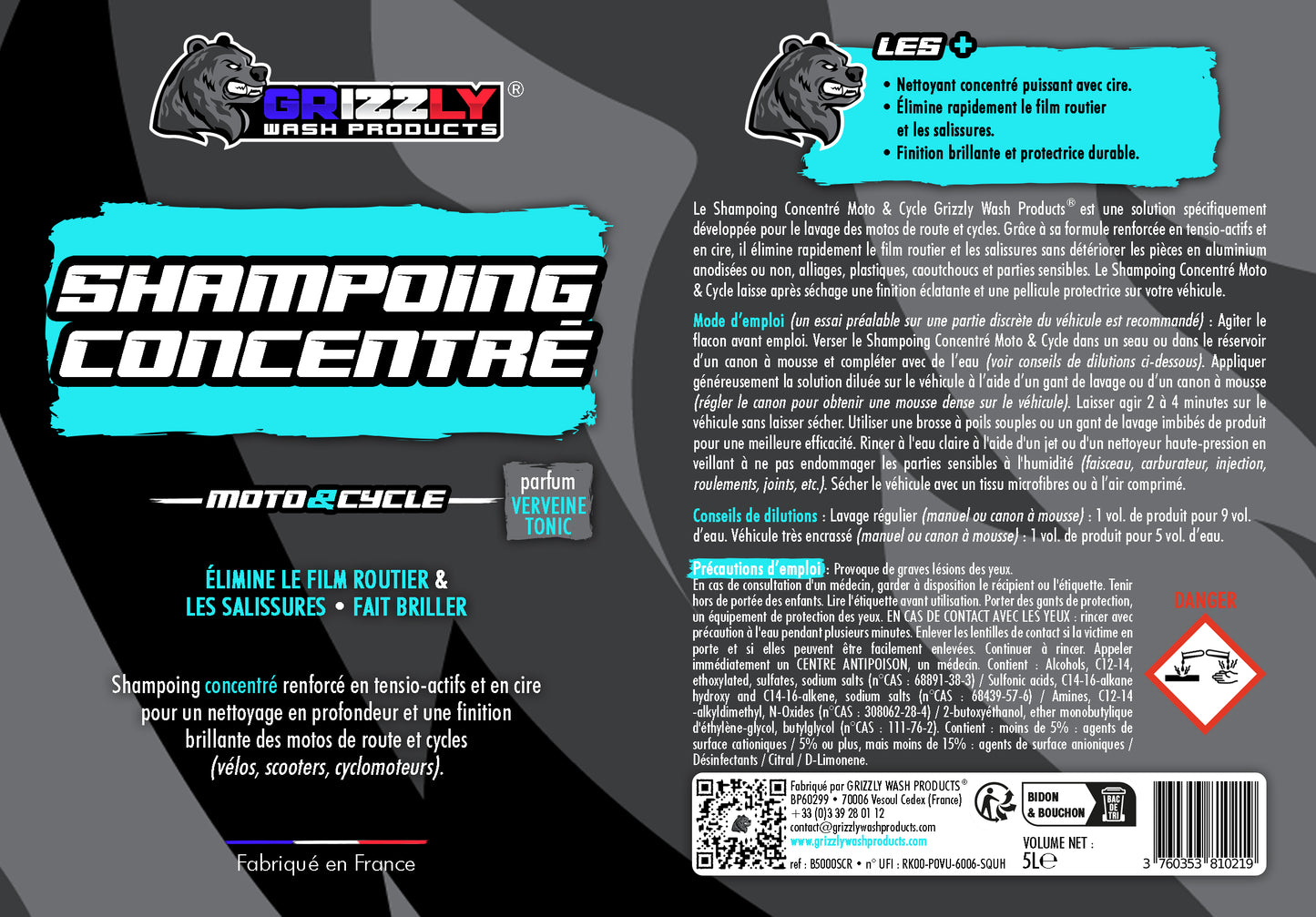 Le Shampoing Concentré Moto & Cycle Grizzly Wash Products® est une solution spécifiquement développée pour le lavage des motos de route et cycles. Grâce à sa formule renforcée en tensio-actifs et en cire, il élimine rapidement le film routier et les salissures sans détériorer les pièces en aluminium anodisées ou non, alliages, plastiques, caoutchoucs et parties sensibles. Le Shampoing Concentré Moto & Cycle laisse après séchage une finition éclatante et une pellicule protectrice sur votre véhicule.
