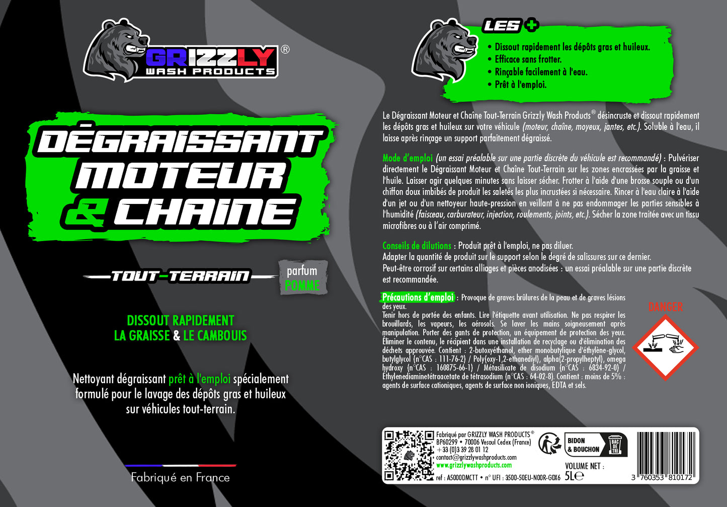 Le Dégraissant Moteur et Chaîne Tout-Terrain Grizzly Wash Products® désincruste et dissout rapidement les dépôts gras et huileux sur votre véhicule (moteur, chaîne, moyeux, jantes, etc.). Soluble à l'eau, il laisse après rinçage un support parfaitement dégraissé.