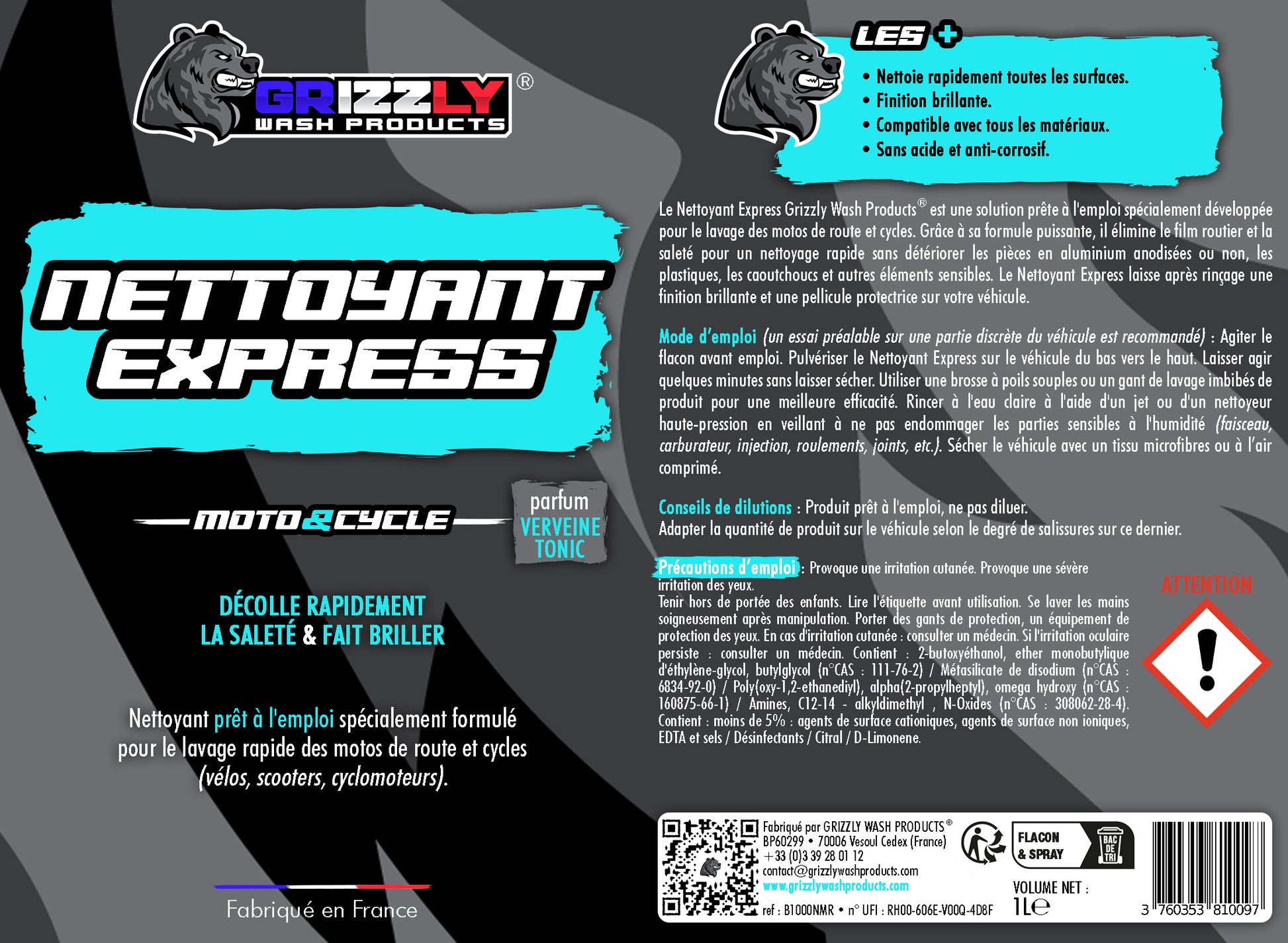 Le Nettoyant Express Grizzly Wash Products® est une solution prête à l'emploi spécialement développée pour le lavage des motos de route et cycles.  Grâce à sa formule, il élimine le film routier et la saleté pour un nettoyage rapide sans détériorer les pièces en aluminium anodisées ou non, les plastiques, les caoutchoucs et autres éléments sensibles.  Le Nettoyant Express laisse après rinçage une finition brillante et une pellicule protectrice sur votre véhicule.