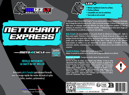 Le Nettoyant Express Grizzly Wash Products® est une solution prête à l'emploi spécialement développée pour le lavage des motos de route et cycles.  Grâce à sa formule, il élimine le film routier et la saleté pour un nettoyage rapide sans détériorer les pièces en aluminium anodisées ou non, les plastiques, les caoutchoucs et autres éléments sensibles.  Le Nettoyant Express laisse après rinçage une finition brillante et une pellicule protectrice sur votre véhicule.