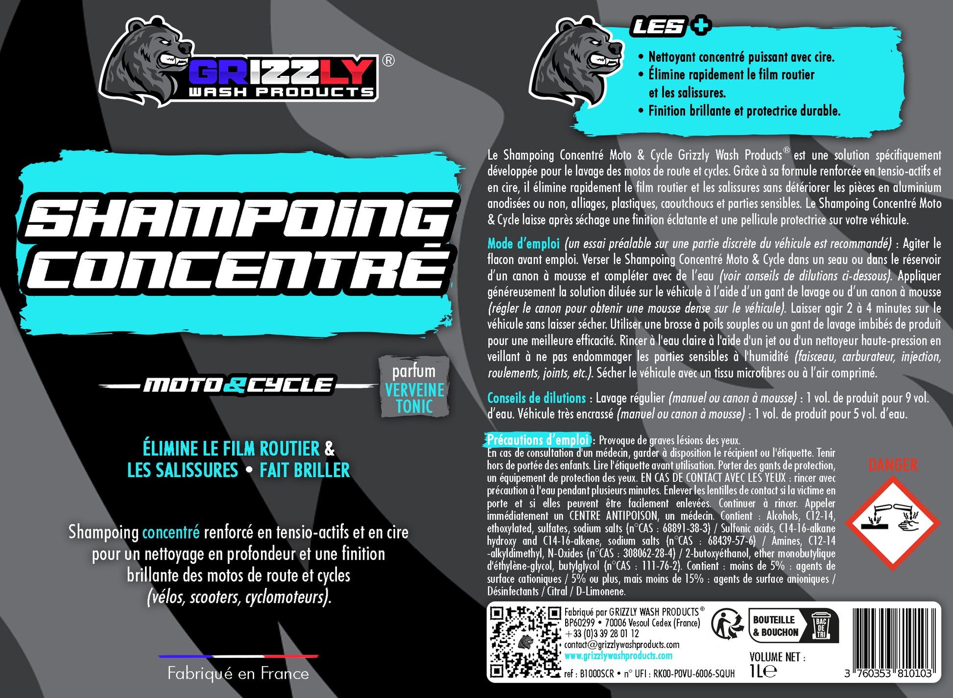 Le Shampoing Concentré Moto & Cycle Grizzly Wash Products® est une solution spécifiquement développée pour le lavage des motos de route et cycles.  Grâce à sa formule renforcée en tensio-actifs et en cire, il élimine rapidement le film routier et les salissures sans détériorer les pièces en aluminium anodisées ou non, alliages, plastiques, caoutchoucs et parties sensibles.  Le Shampoing Concentré Moto & Cycle laisse après séchage une finition éclatante et une pellicule protectrice sur votre véhicule.