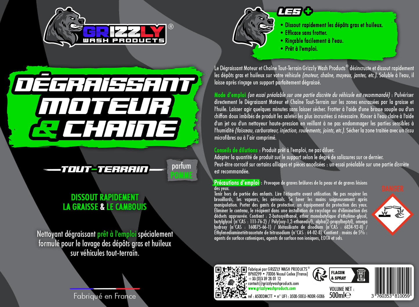 Le Dégraissant Moteur et Chaîne Tout-Terrain Grizzly Wash Products® désincruste et dissout rapidement les dépôts gras et huileux sur votre véhicule (moteur, chaîne, moyeux, jantes, etc.).  Soluble à l'eau, il laisse après rinçage un support parfaitement dégraissé. 