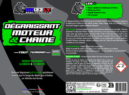 Le Dégraissant Moteur et Chaîne Tout-Terrain Grizzly Wash Products® désincruste et dissout rapidement les dépôts gras et huileux sur votre véhicule (moteur, chaîne, moyeux, jantes, etc.).  Soluble à l'eau, il laisse après rinçage un support parfaitement dégraissé. 