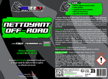 Le Nettoyant Off-Road Grizzly Wash Products® est une solution prête à l'emploi spécifiquement développée pour le lavage des engins tout-terrain tels que les motos, 4X4, quads, buggys, VTT, etc.  Grâce à sa formule exclusive, il liquéfie la saleté et la boue pour un nettoyage rapide sans détériorer les pièces en aluminium anodisées ou non, les plastiques, les caoutchoucs et autres éléments sensibles. Il laisse après rinçage une finition brillante et une pellicule protectrice sur votre véhicule.