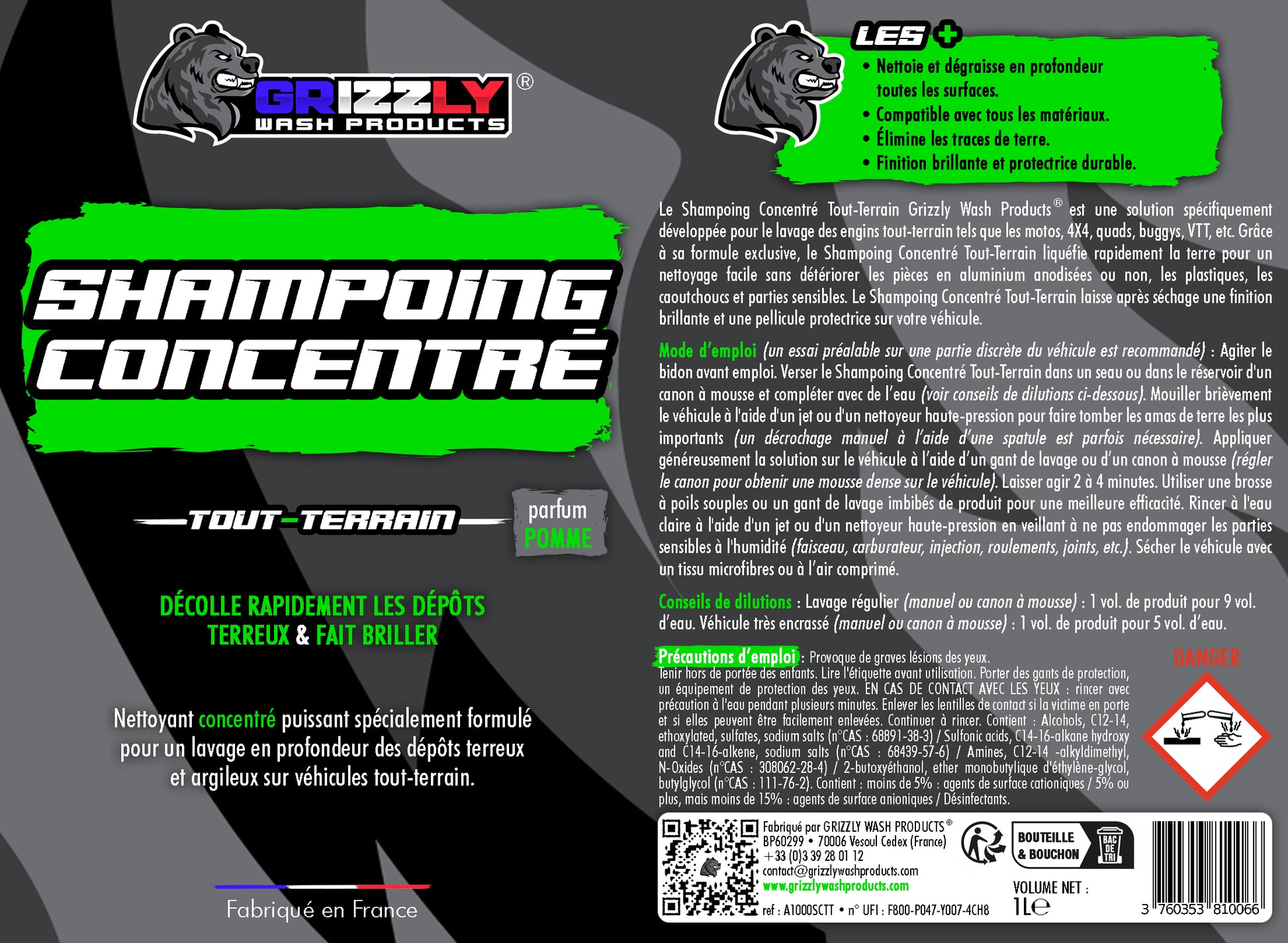 Le Shampoing Concentré Tout-Terrain Grizzly Wash Products® est une solution spécifiquement développée pour le lavage des engins tout-terrain tels que les motos, 4X4, quads, buggys, VTT, etc. Grâce à sa formule exclusive, il liquéfie rapidement la terre pour un nettoyage facile sans détériorer les pièces en aluminium anodisées ou non, les plastiques, les caoutchoucs et parties sensibles. Il laisse après séchage une finition brillante et une pellicule protectrice sur votre véhicule.