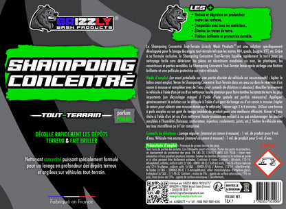 Le Shampoing Concentré Tout-Terrain Grizzly Wash Products® est une solution spécifiquement développée pour le lavage des engins tout-terrain tels que les motos, 4X4, quads, buggys, VTT, etc. Grâce à sa formule exclusive, il liquéfie rapidement la terre pour un nettoyage facile sans détériorer les pièces en aluminium anodisées ou non, les plastiques, les caoutchoucs et parties sensibles. Il laisse après séchage une finition brillante et une pellicule protectrice sur votre véhicule.