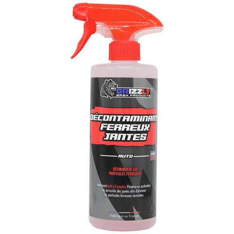 Le Décontaminant Ferreux Jantes Grizzly Wash Products® est un nettoyant puissant qui désincruste les particules ferreuses sur les jantes.  Sa formule à pH neutre enrichie en matière active réagit sur le support et permet de dissoudre et de supprimer la poussière de freins ainsi que le film routier. 