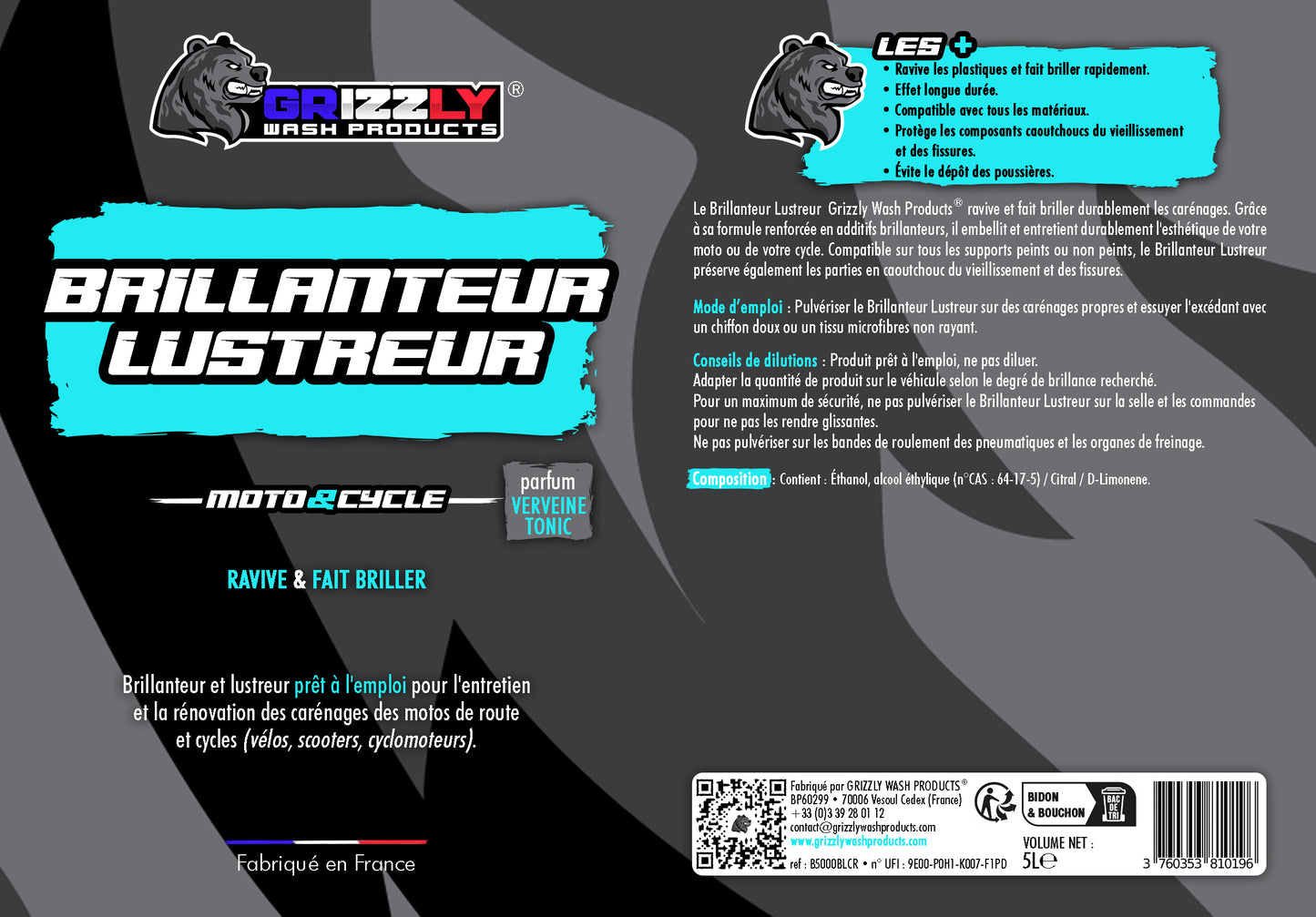 Le Brillanteur Lustreur Grizzly Wash Products® ravive et fait briller durablement les carénages.  Grâce à sa formule renforcée en additifs brillanteurs, il embellit et entretient durablement l'esthétique de votre moto ou de votre cycle (vélos, scooters, cyclomoteurs).  Compatible sur tous les supports peints ou non peints, le Brillanteur Lustreur préserve également les parties en caoutchouc du vieillissement et des fissures.