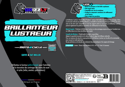 Le Brillanteur Lustreur Grizzly Wash Products® ravive et fait briller durablement les carénages.  Grâce à sa formule renforcée en additifs brillanteurs, il embellit et entretient durablement l'esthétique de votre moto ou de votre cycle (vélos, scooters, cyclomoteurs).  Compatible sur tous les supports peints ou non peints, le Brillanteur Lustreur préserve également les parties en caoutchouc du vieillissement et des fissures.