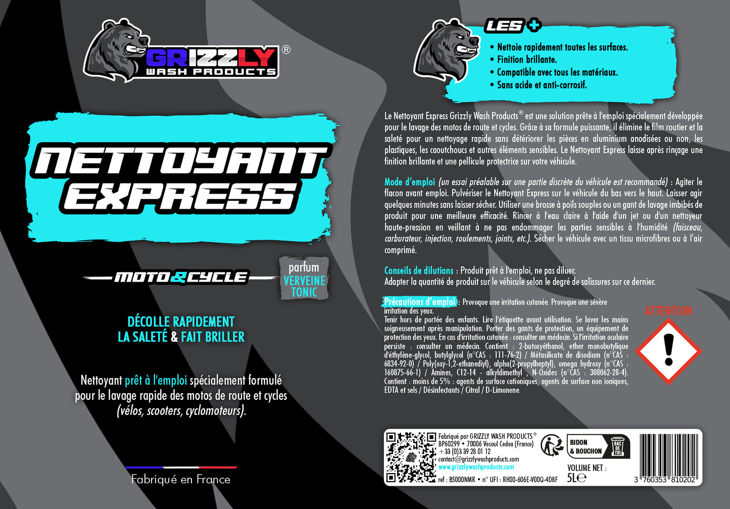 Le Nettoyant Express Grizzly Wash Products® est une solution prête à l'emploi spécialement développée pour le lavage des motos de route et cycles.  Grâce à sa formule, il élimine le film routier et la saleté pour un nettoyage rapide sans détériorer les pièces en aluminium anodisées ou non, les plastiques, les caoutchoucs et autres éléments sensibles.  Le Nettoyant Express laisse après rinçage une finition brillante et une pellicule protectrice sur votre véhicule.