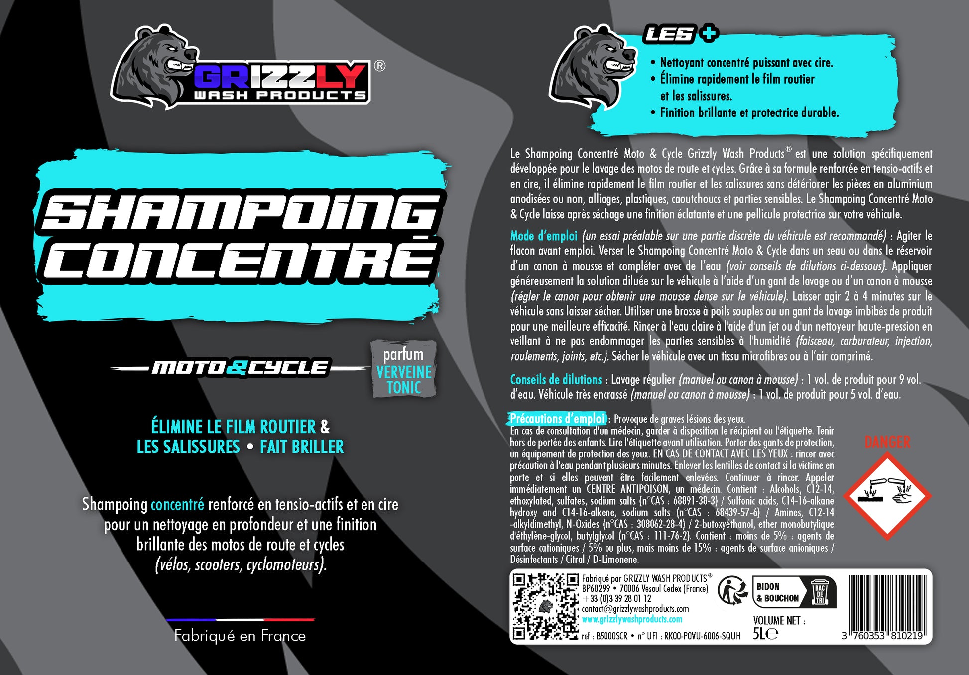 Le Shampoing Concentré Moto & Cycle Grizzly Wash Products® est une solution spécifiquement développée pour le lavage des motos de route et cycles.  Grâce à sa formule renforcée en tensio-actifs et en cire, il élimine rapidement le film routier et les salissures sans détériorer les pièces en aluminium anodisées ou non, alliages, plastiques, caoutchoucs et parties sensibles.  Le Shampoing Concentré Moto & Cycle laisse après séchage une finition éclatante et une pellicule protectrice sur votre véhicule.
