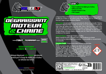 Le Dégraissant Moteur et Chaîne Tout-Terrain Grizzly Wash Products® désincruste et dissout rapidement les dépôts gras et huileux sur votre véhicule (moteur, chaîne, moyeux, jantes, etc.).  Soluble à l'eau, il laisse après rinçage un support parfaitement dégraissé. 