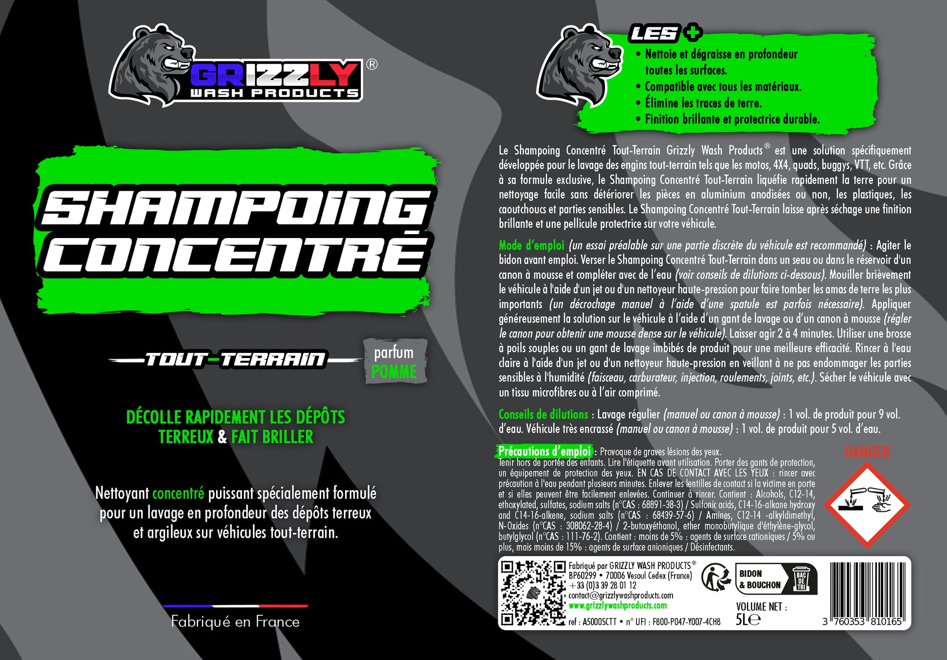 Le Shampoing Concentré Tout-Terrain Grizzly Wash Products® est une solution spécifiquement développée pour le lavage des engins tout-terrain tels que les motos, 4X4, quads, buggys, VTT, etc. Grâce à sa formule exclusive, il liquéfie rapidement la terre pour un nettoyage facile sans détériorer les pièces en aluminium anodisées ou non, les plastiques, les caoutchoucs et parties sensibles. Il laisse après séchage une finition brillante et une pellicule protectrice sur votre véhicule.