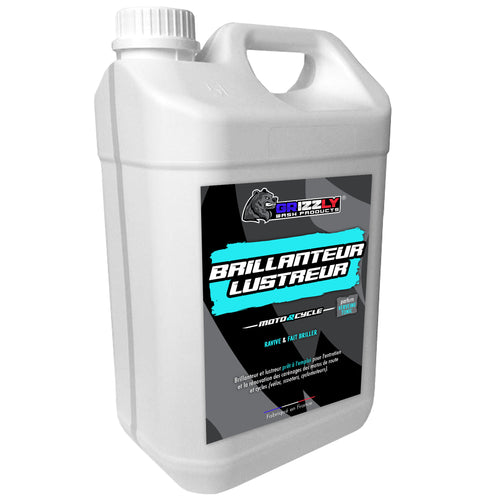 Le Brillanteur Lustreur Grizzly Wash Products® ravive et fait briller durablement les carénages.  Grâce à sa formule renforcée en additifs brillanteurs, il embellit et entretient durablement l'esthétique de votre moto ou de votre cycle (vélos, scooters, cyclomoteurs).  Compatible sur tous les supports peints ou non peints, le Brillanteur Lustreur préserve également les parties en caoutchouc du vieillissement et des fissures.