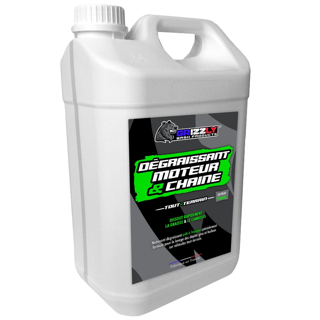 Le Dégraissant Moteur et Chaîne Tout-Terrain Grizzly Wash Products® désincruste et dissout rapidement les dépôts gras et huileux sur votre véhicule (moteur, chaîne, moyeux, jantes, etc.).  Soluble à l'eau, il laisse après rinçage un support parfaitement dégraissé. 
