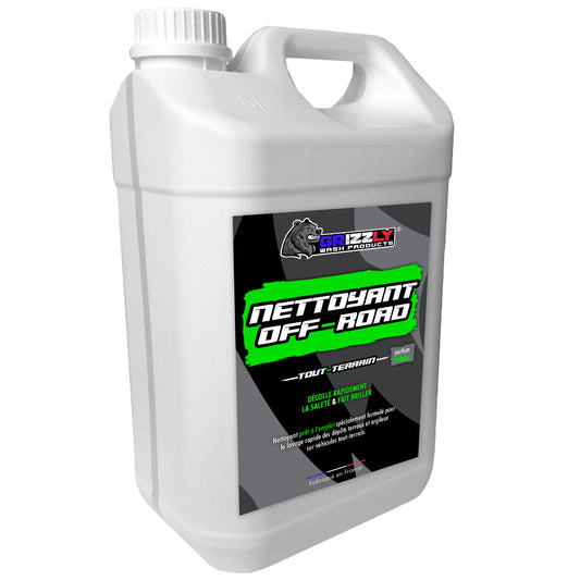 Le Nettoyant Off-Road Grizzly Wash Products® est une solution prête à l'emploi spécifiquement développée pour le lavage des engins tout-terrain tels que les motos, 4X4, quads, buggys, VTT, etc.  Grâce à sa formule exclusive, il liquéfie la saleté et la boue pour un nettoyage rapide sans détériorer les pièces en aluminium anodisées ou non, les plastiques, les caoutchoucs et autres éléments sensibles. Il laisse après rinçage une finition brillante et une pellicule protectrice sur votre véhicule.